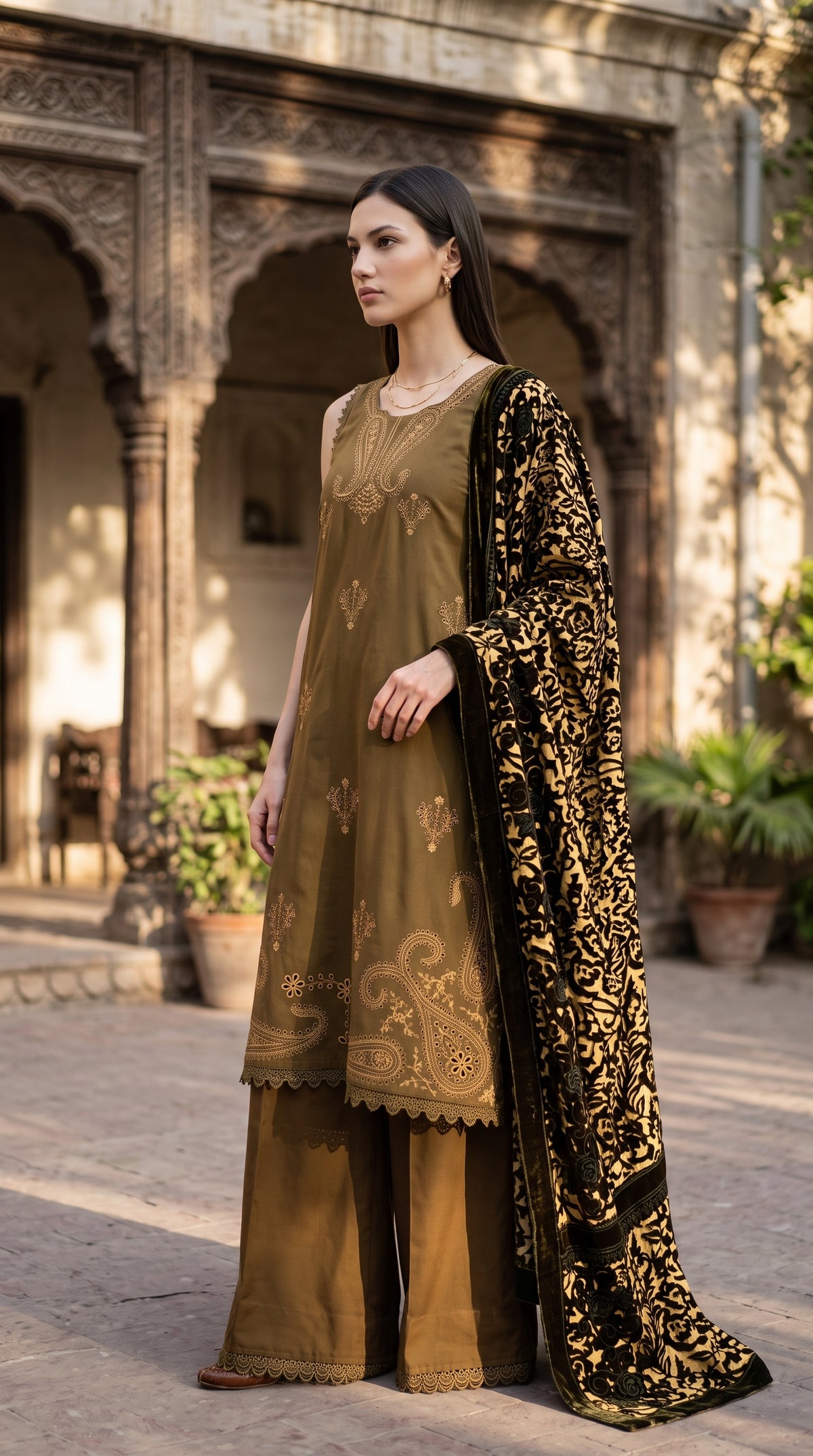 3PC Embroidered Dhanak Suit | DC - 07