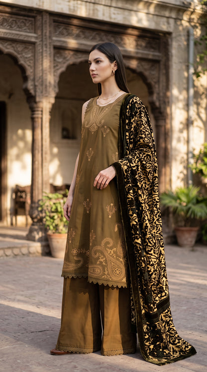 3PC Embroidered Dhanak Suit | DC - 07