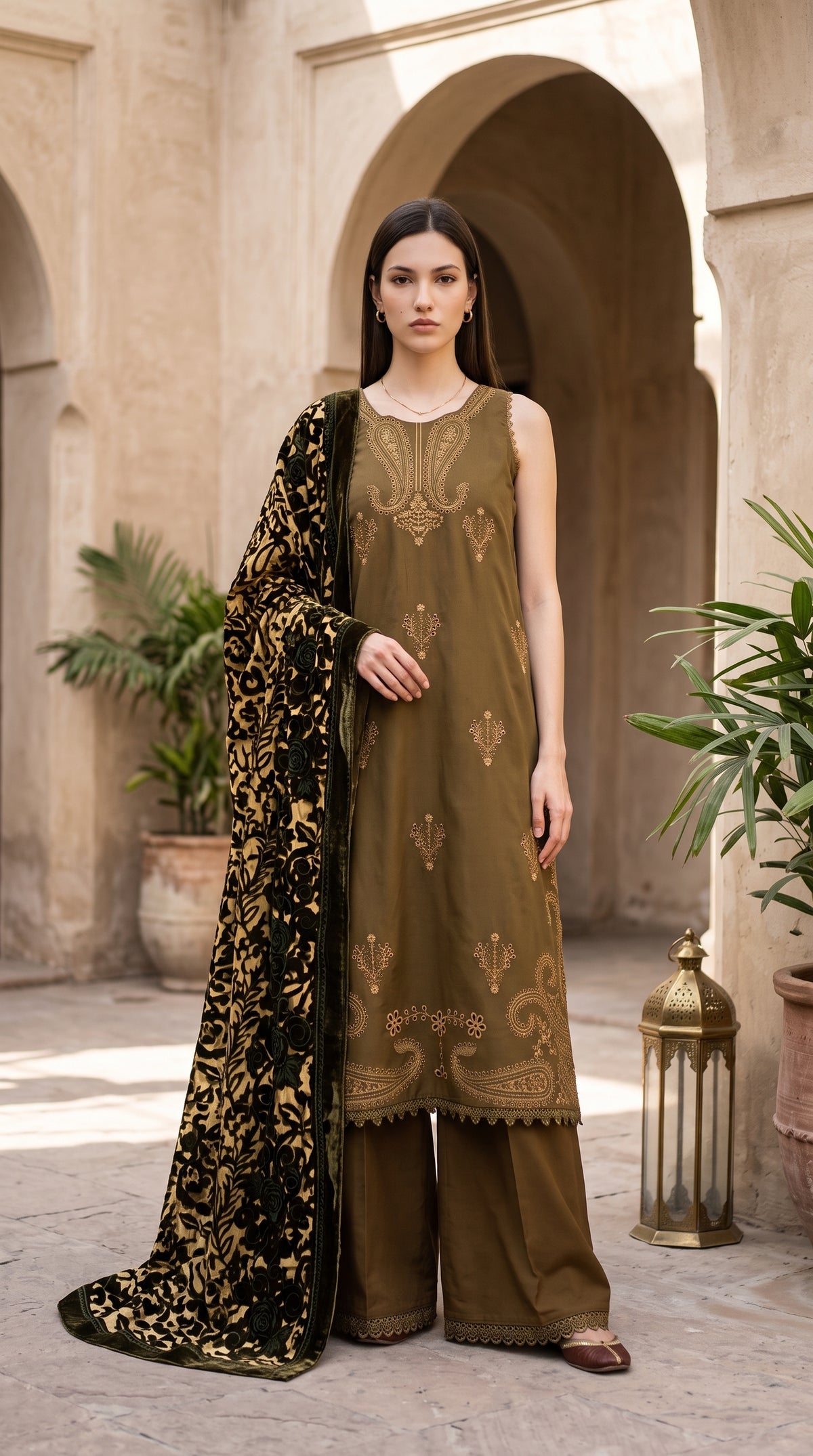 3PC Embroidered Dhanak Suit | DC - 07