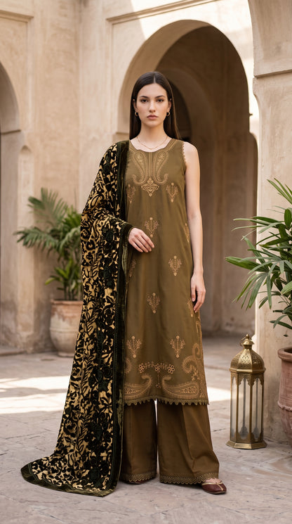 3PC Embroidered Dhanak Suit | DC - 07