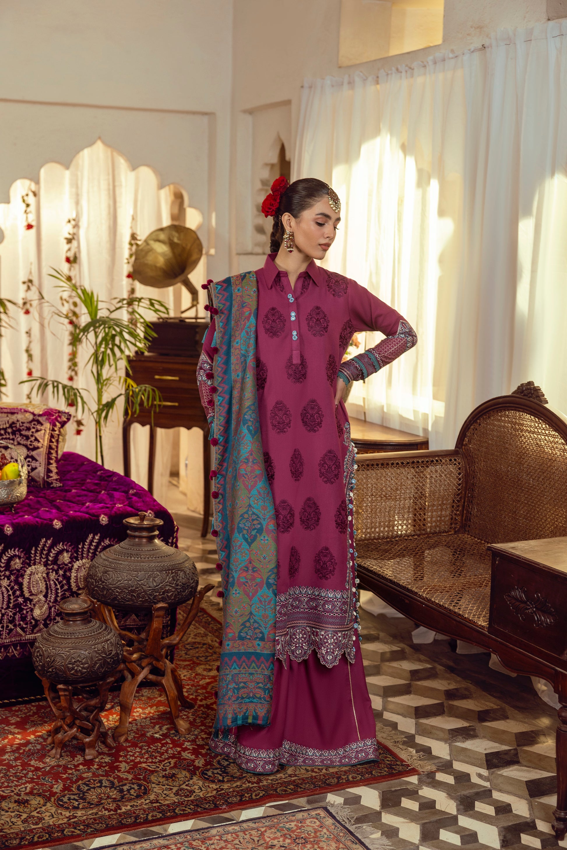 A calm winter dress with neat Marina threadwork and a woven shawl.