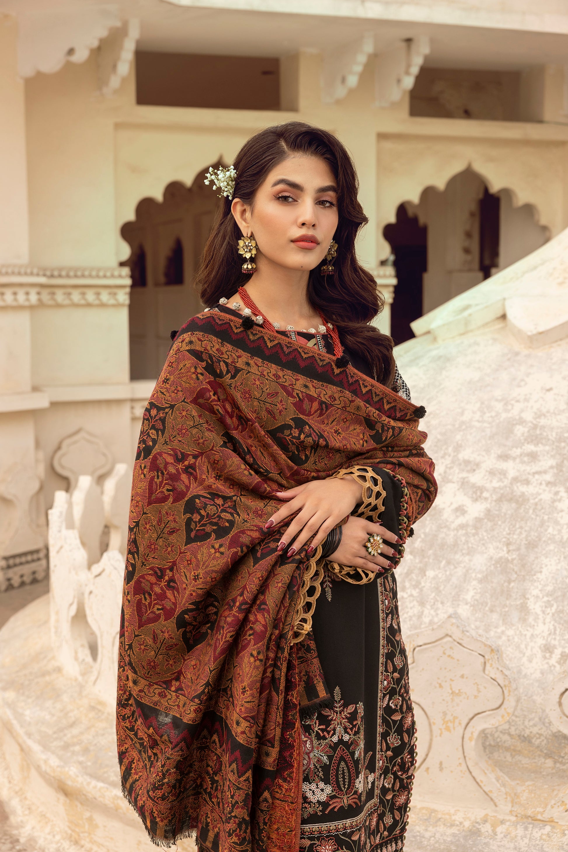 A timeless winter 3PC crafted with embroidered Marina fabric, soft organza neck detailing, and a premium Kashmiri shawl.