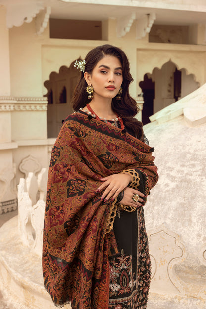 A timeless winter 3PC crafted with embroidered Marina fabric, soft organza neck detailing, and a premium Kashmiri shawl.