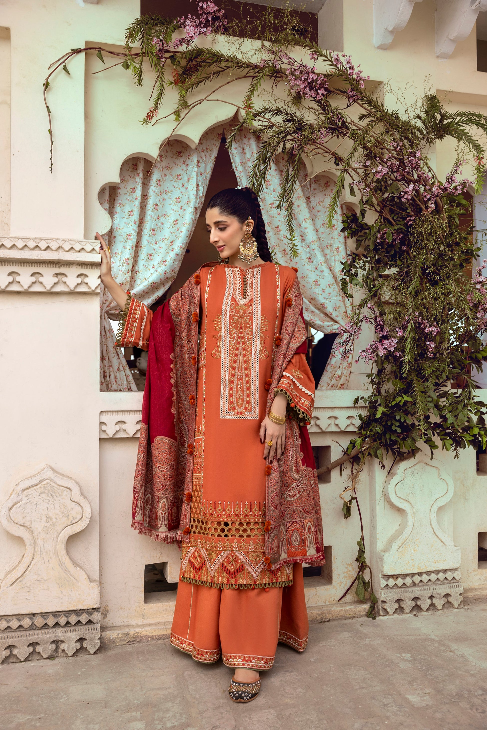 A clear and simple Marina outfit with organza neck detail and a soft shawl.