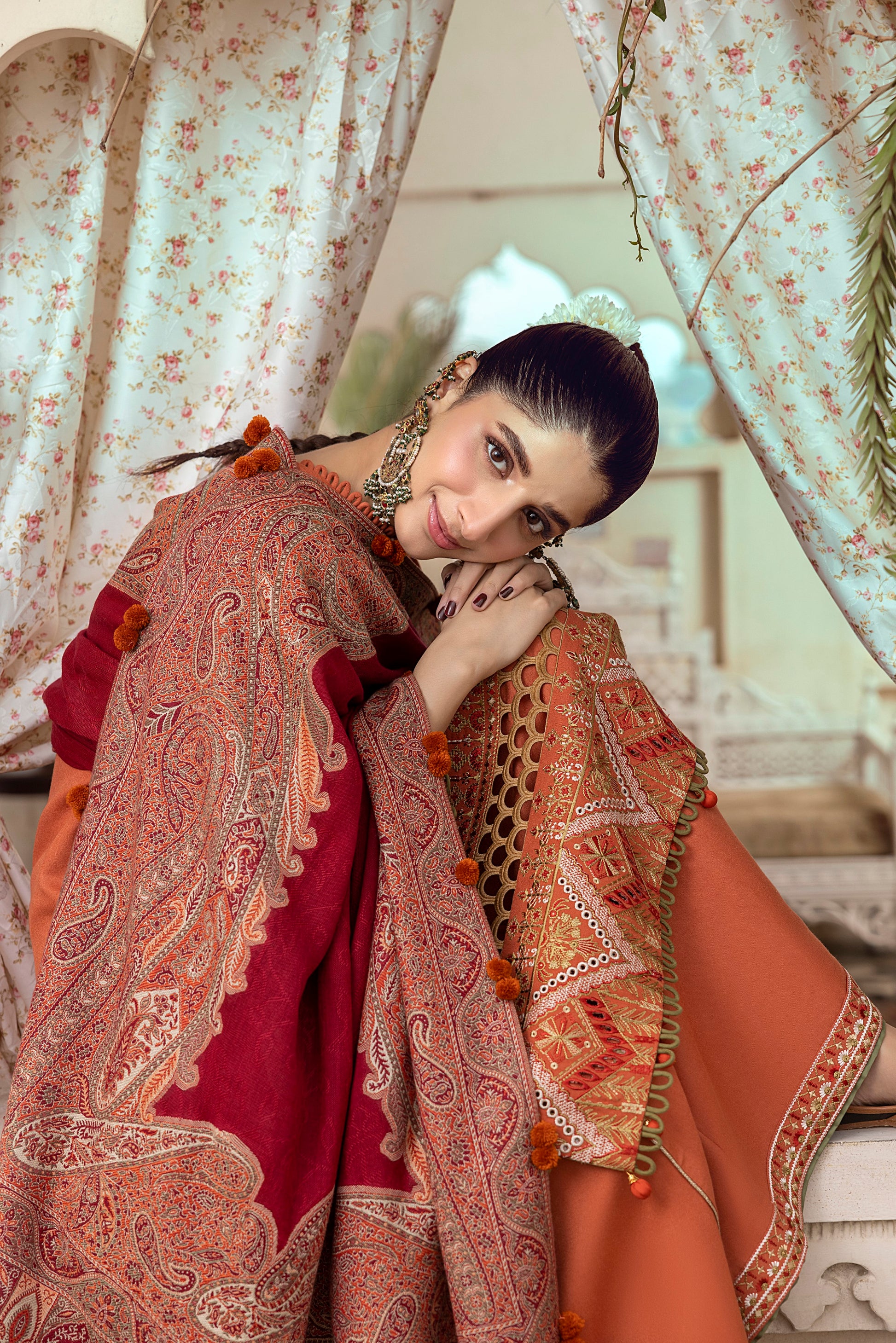 A cool-tone winter outfit with embroidery and a soft shawl.