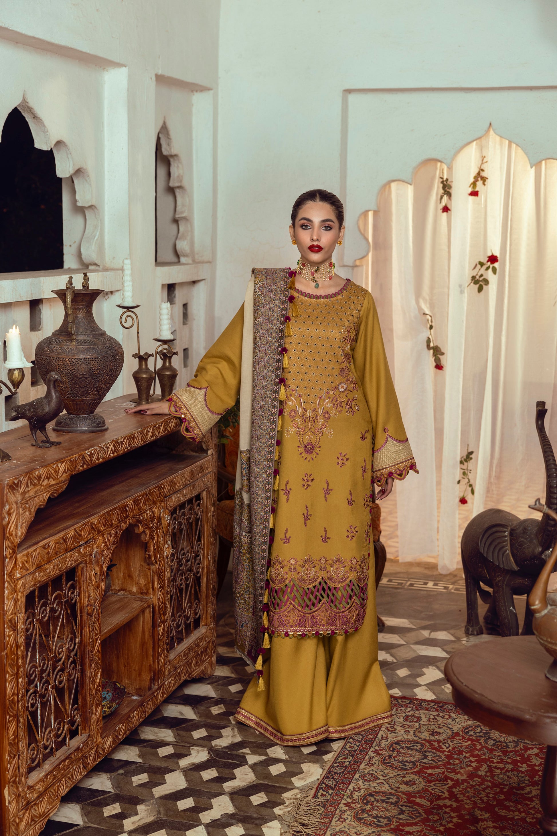 A crystal-inspired embroidered Marina outfit with organza finishing and a traditional Kashmiri wrap.