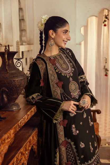 A timeless winter 3PC crafted with precise Marina embroidery, organza neck shaping, and a handmade Kashmiri shawl.