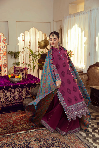 A neat winter outfit with embroidered front and Kashmiri shawl.