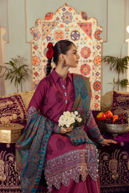 A plain, soft Marina winter dress with embroidered front and shawl.