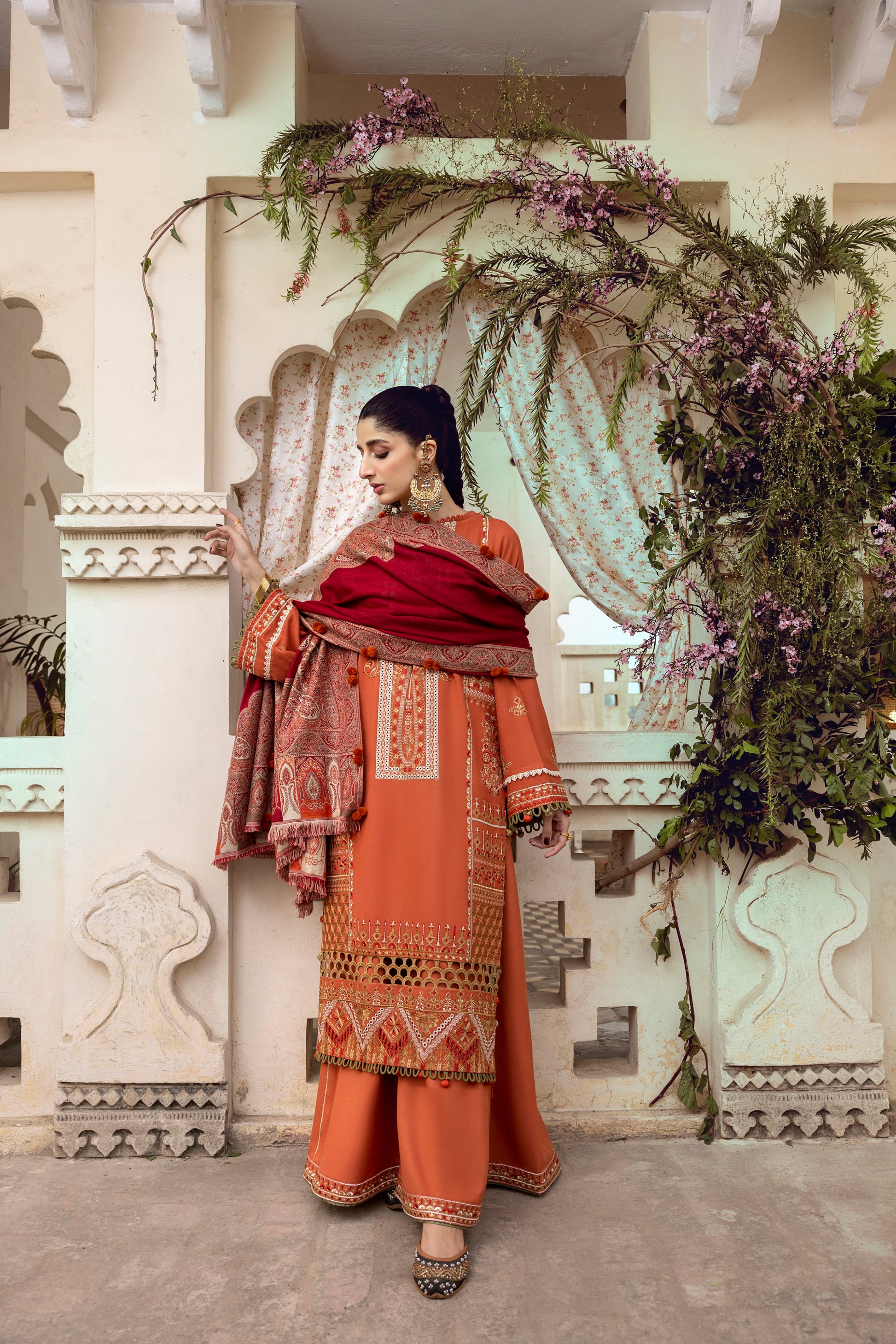 A plain Marina winter dress with organza neckline and handwoven shawl.