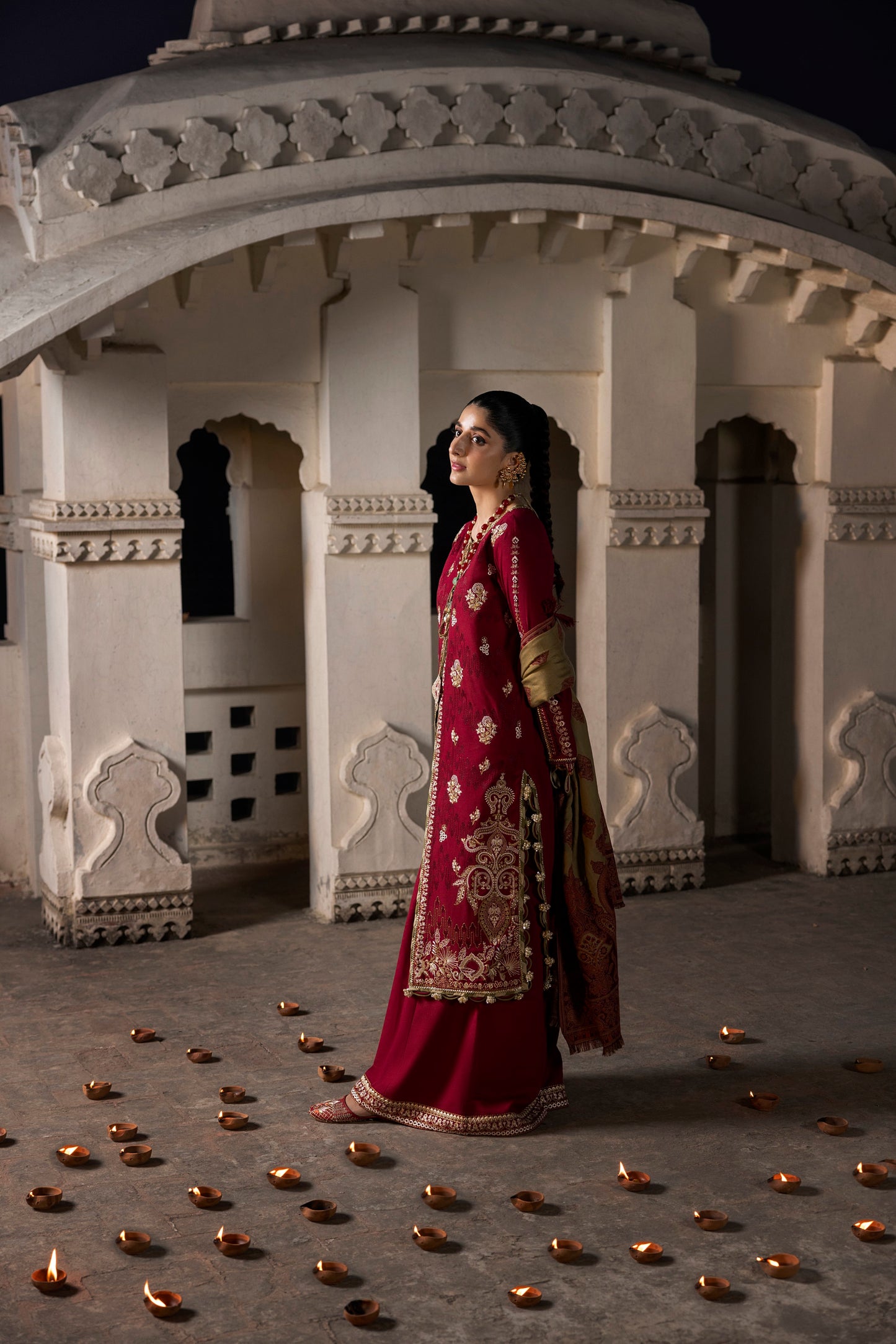 A warm Marina suit with neat embroidery and a Kashmiri shawl.