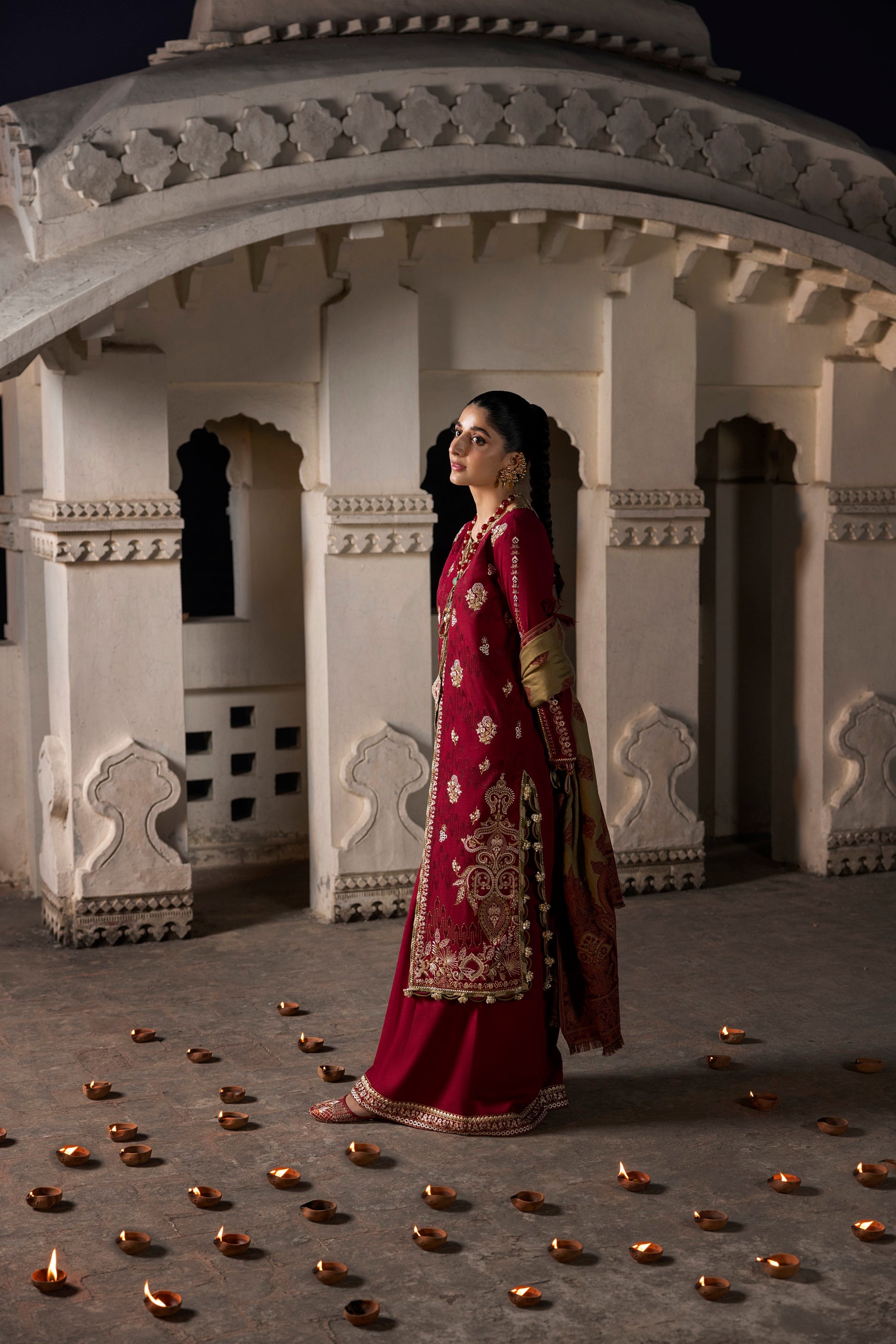 A warm Marina suit with neat embroidery and a Kashmiri shawl.