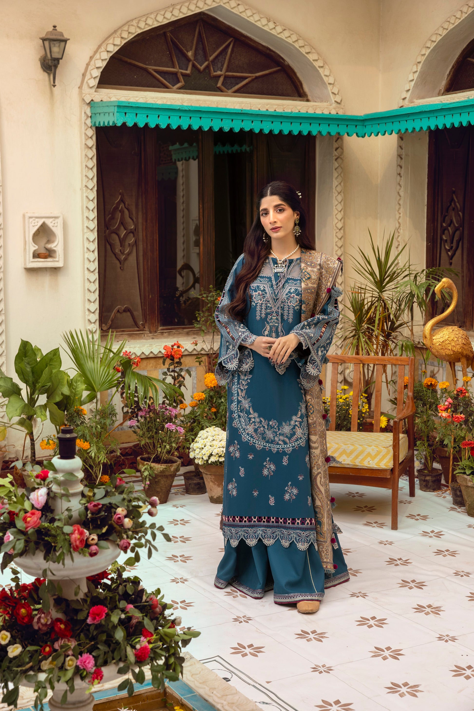 Premium Marina wool dress with embroidered front, organza neck detailing, plain trousers with embroidered borders, and a handwoven Kashmiri shawl for refined winter styling.