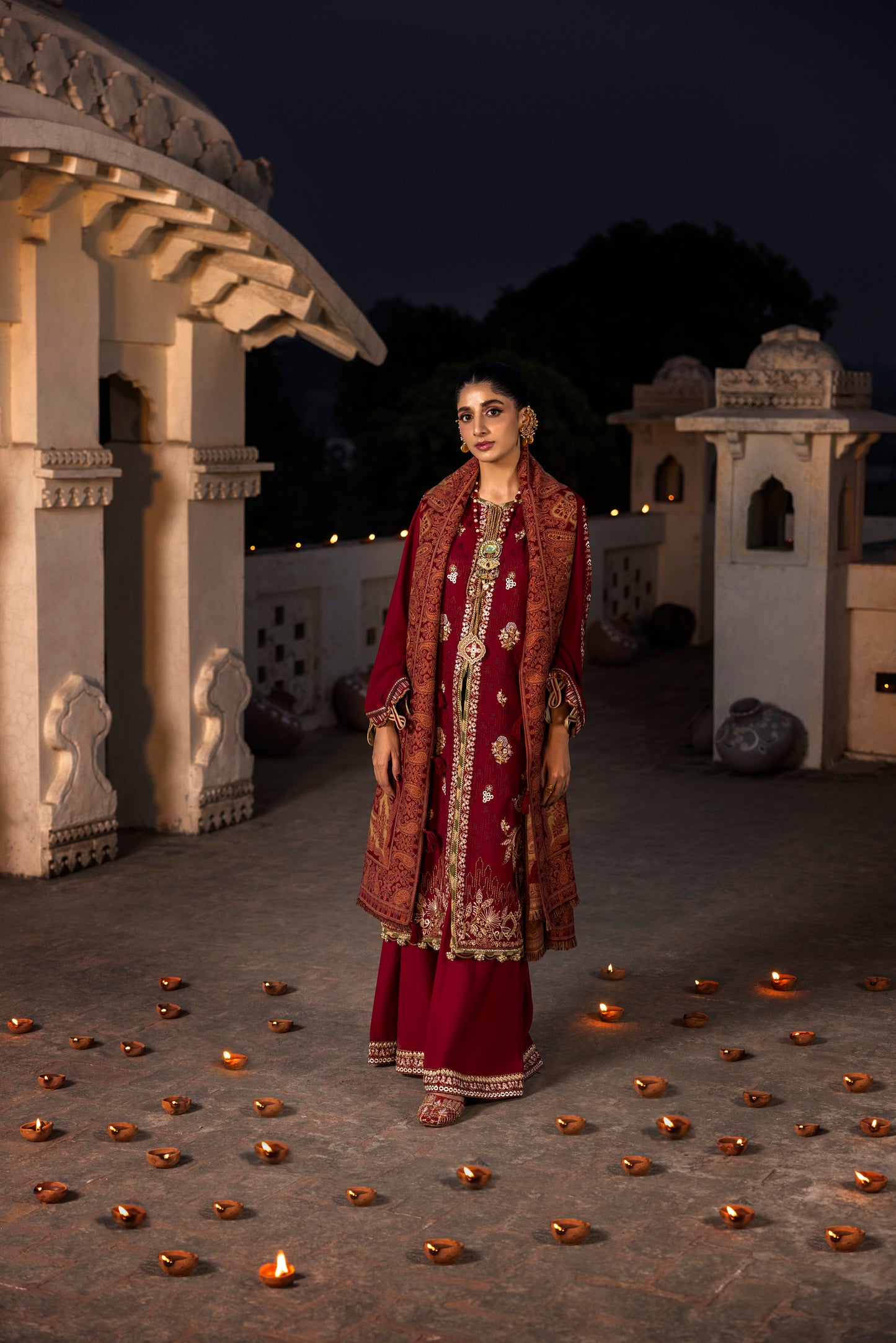 A woolen-touch Marina suit with a handloom Kashmiri shawl.
