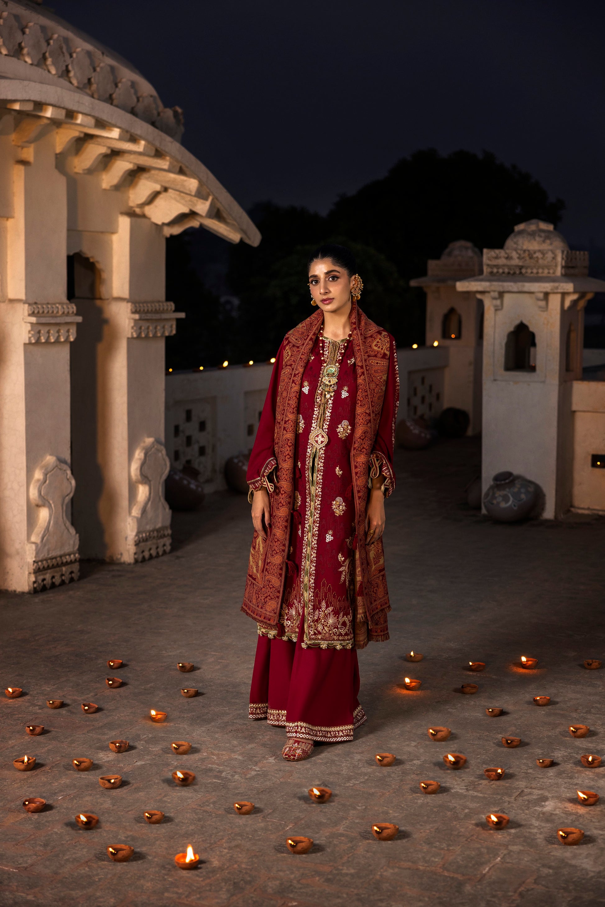 A woolen-touch Marina suit with a handloom Kashmiri shawl.