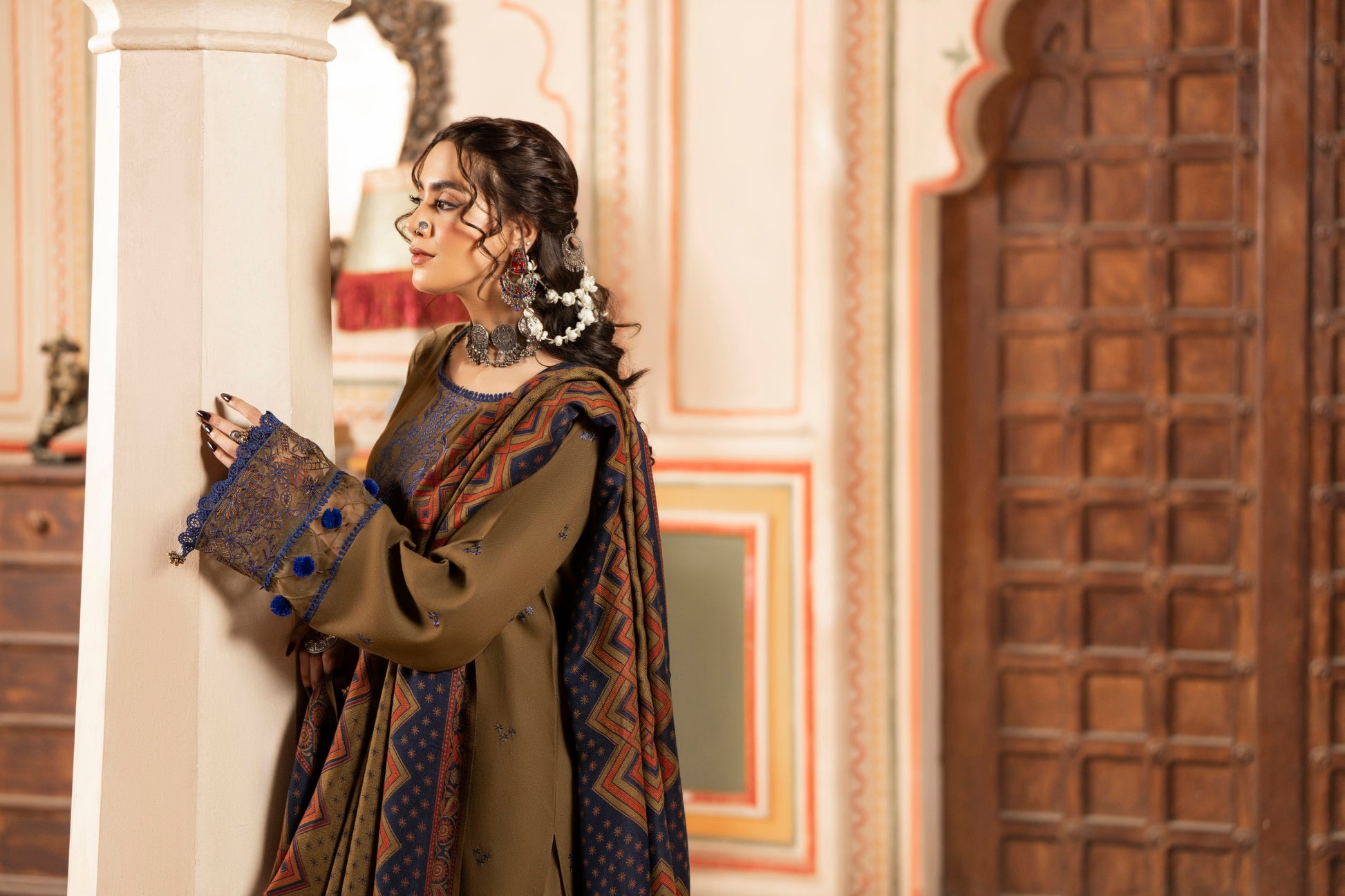Trendy embroidered Dhanak winter suit with woolen jacquard shawl and plain trousers.