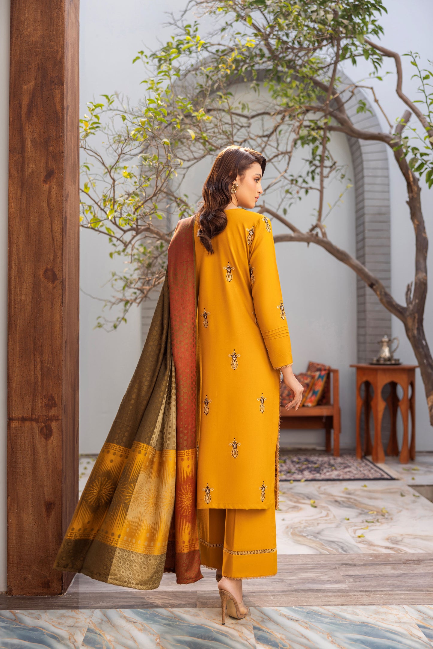 : Stylish embroidered Dhanak ensemble with plain trouser and soft shawl