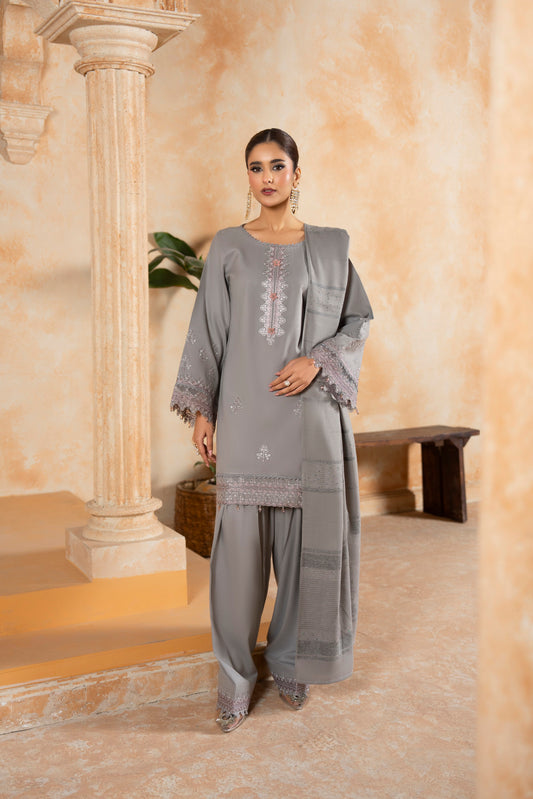 Modern Dhanak Winter Set; 3-PC embroidered woolen suit, offering warmth and a stylish look for casual and formal wear