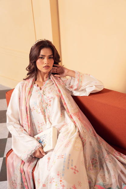 Modern Eastern silk suit featuring an unstitched 3PC design with premium raw silk shirt and trousers and a flowing chiffon dupatta, offering women a contemporary take on traditional Pakistani fashion