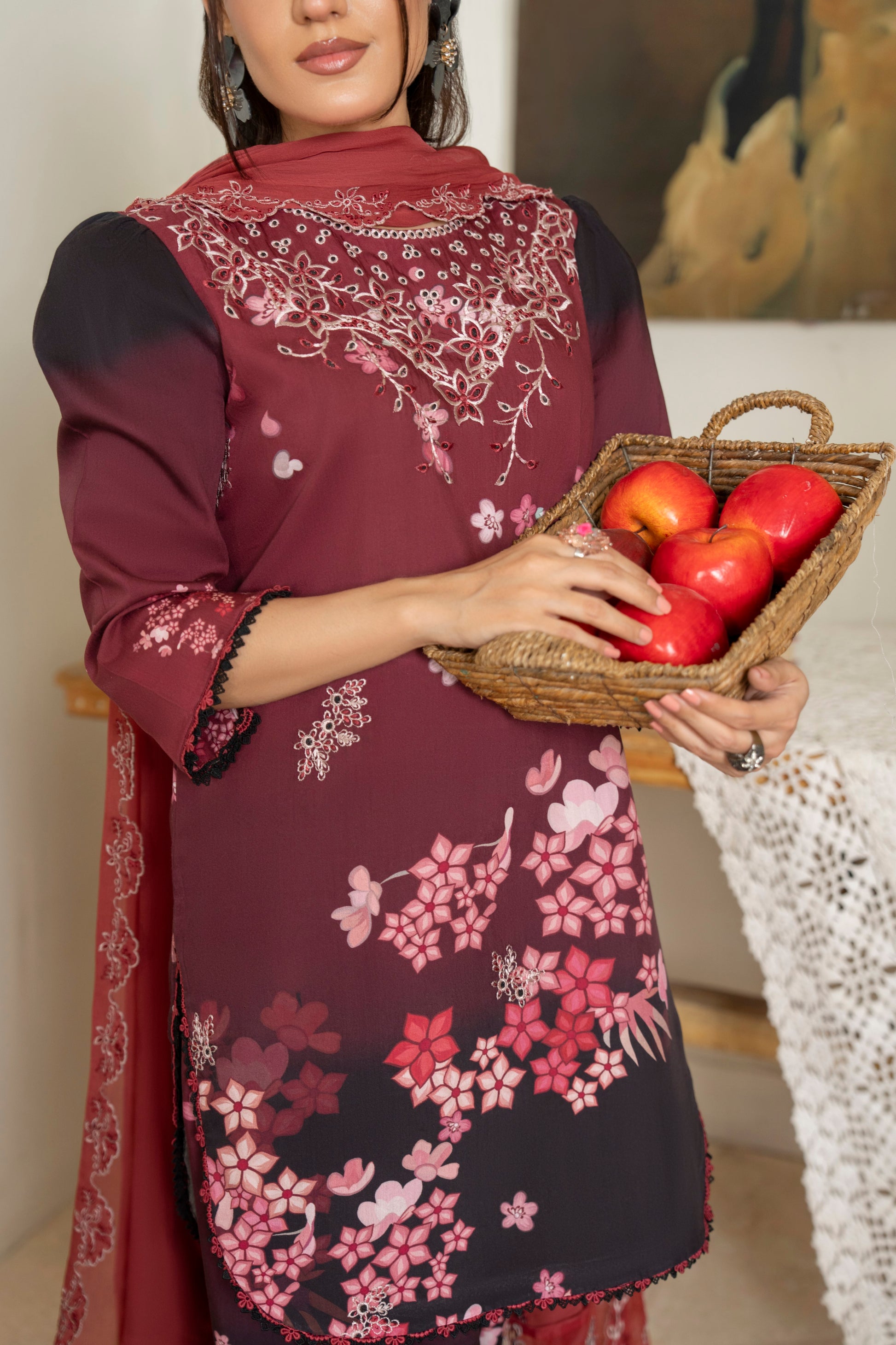 Stylish viscose embroidered shirt with chiffon dupatta and matching trouser for women