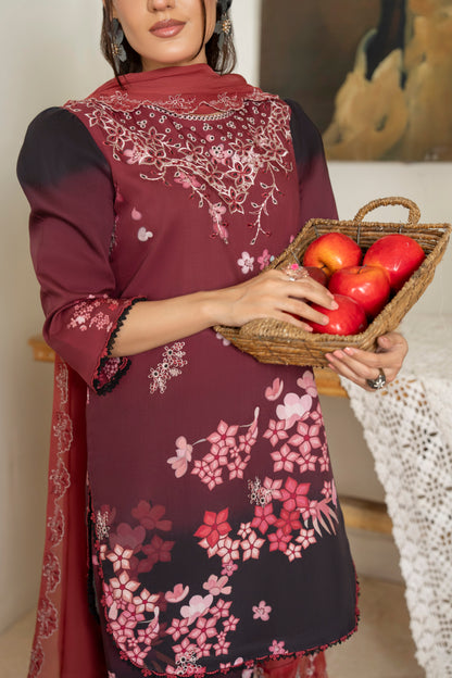 Stylish viscose embroidered shirt with chiffon dupatta and matching trouser for women