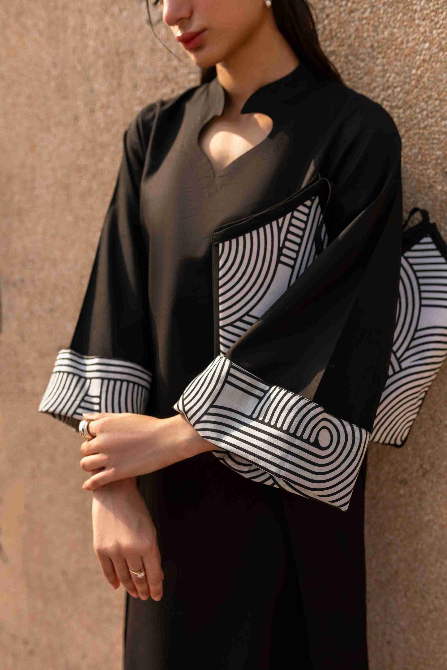 Trendy stitched Jacquard kurta with bell sleeves and cotton bell bottoms for girls