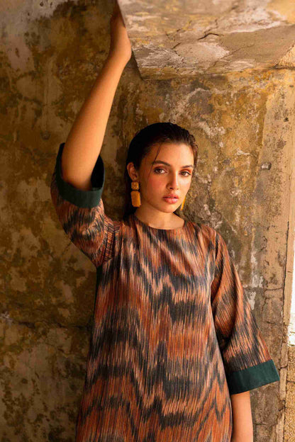 Stitched Jacquard tunic featuring crisscross neckline and trouser for chic styling