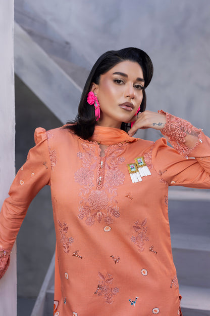 Trendy embroidered Karandi winter dress with chiffon dupatta