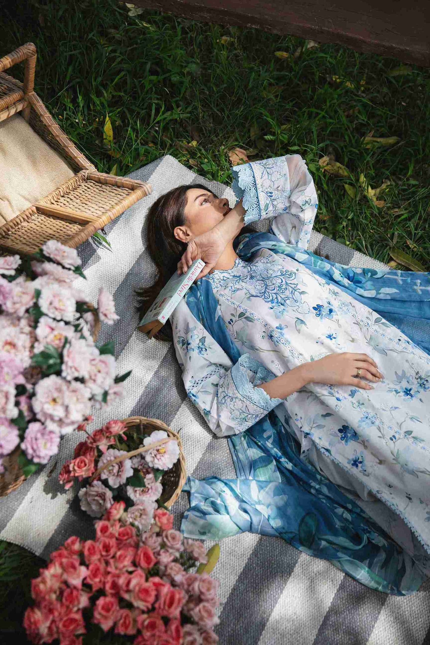 Embroidered lawn shirt with chiffon dupatta and plain cotton trouser