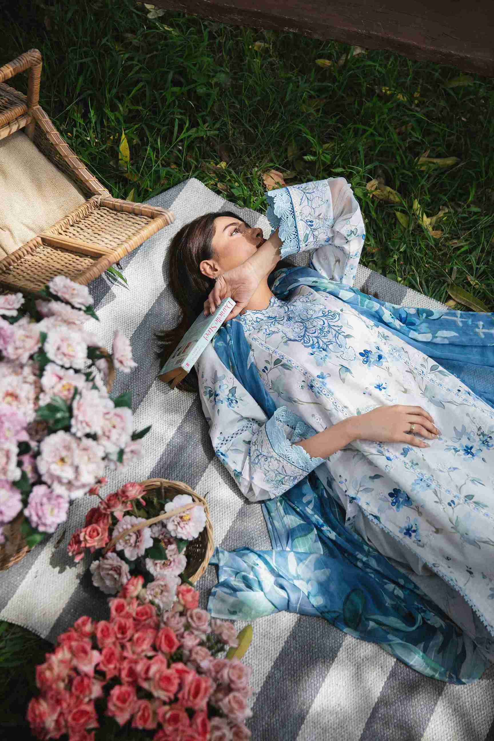 Embroidered lawn shirt with chiffon dupatta and plain cotton trouser