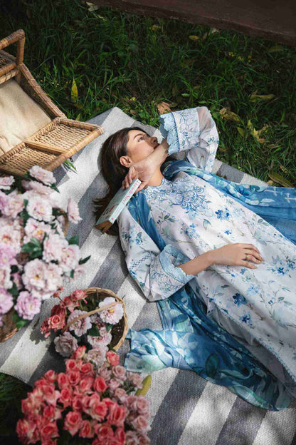 Embroidered lawn shirt with chiffon dupatta and plain cotton trouser