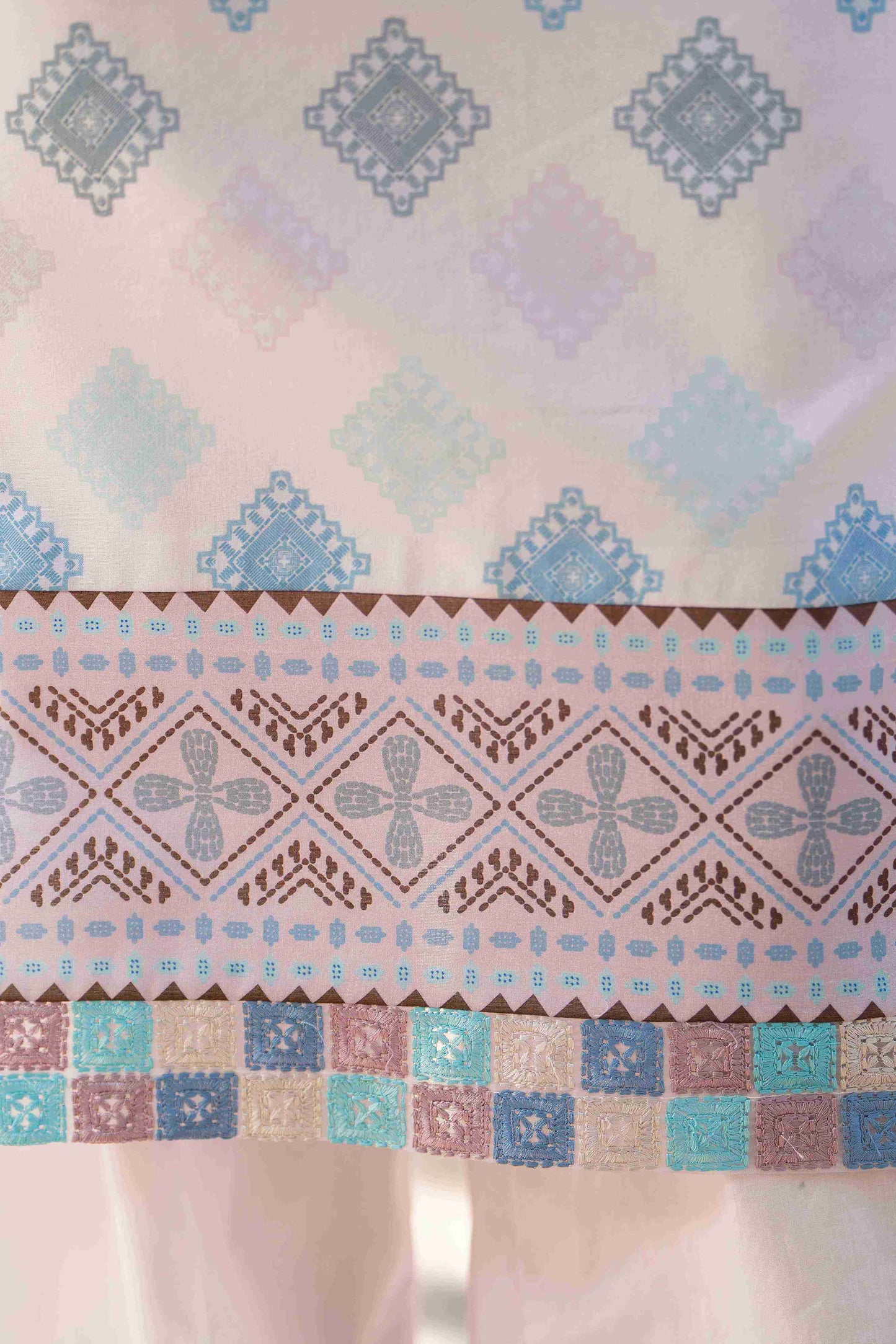 Summer three-piece embroidered kurta with chiffon dupatta and cotton trouser for casual and formal wear