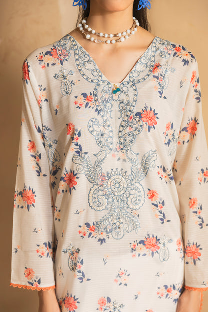 Unstitched lawn suit for women with embroidered front shirt, chiffon dupatta, and soft cotton trouser