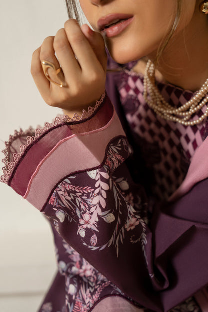 Sleek viscose embroidered suit with digital print trouser and chiffon dupatta