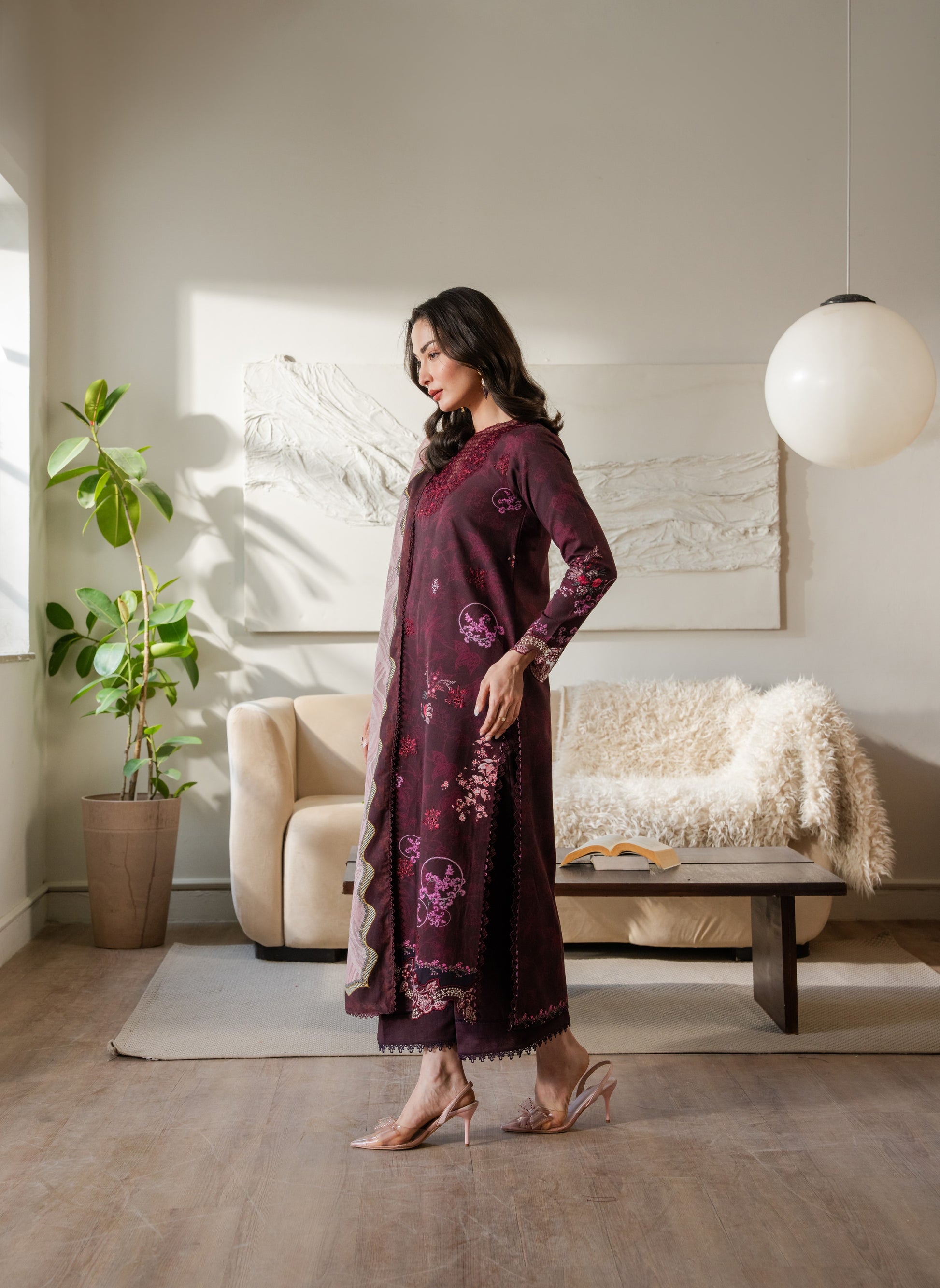 Winter-ready khaddar shirt with embroidered borders and winter printed dupatta.