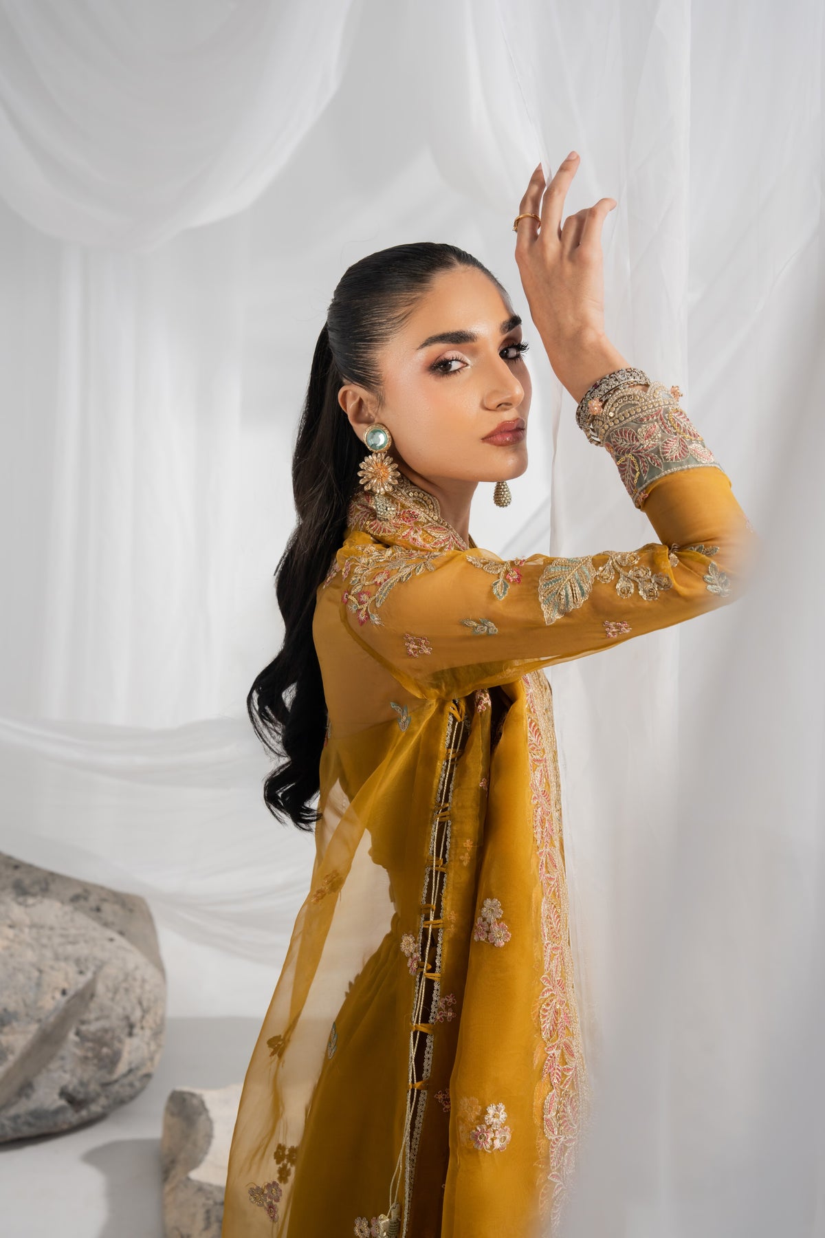 Organza festive dress for women featuring embroidered front panels, detailed back and sleeves with matching borders, paired with an embroidered organza dupatta with pallu detailing and a plain raw silk inner and pants