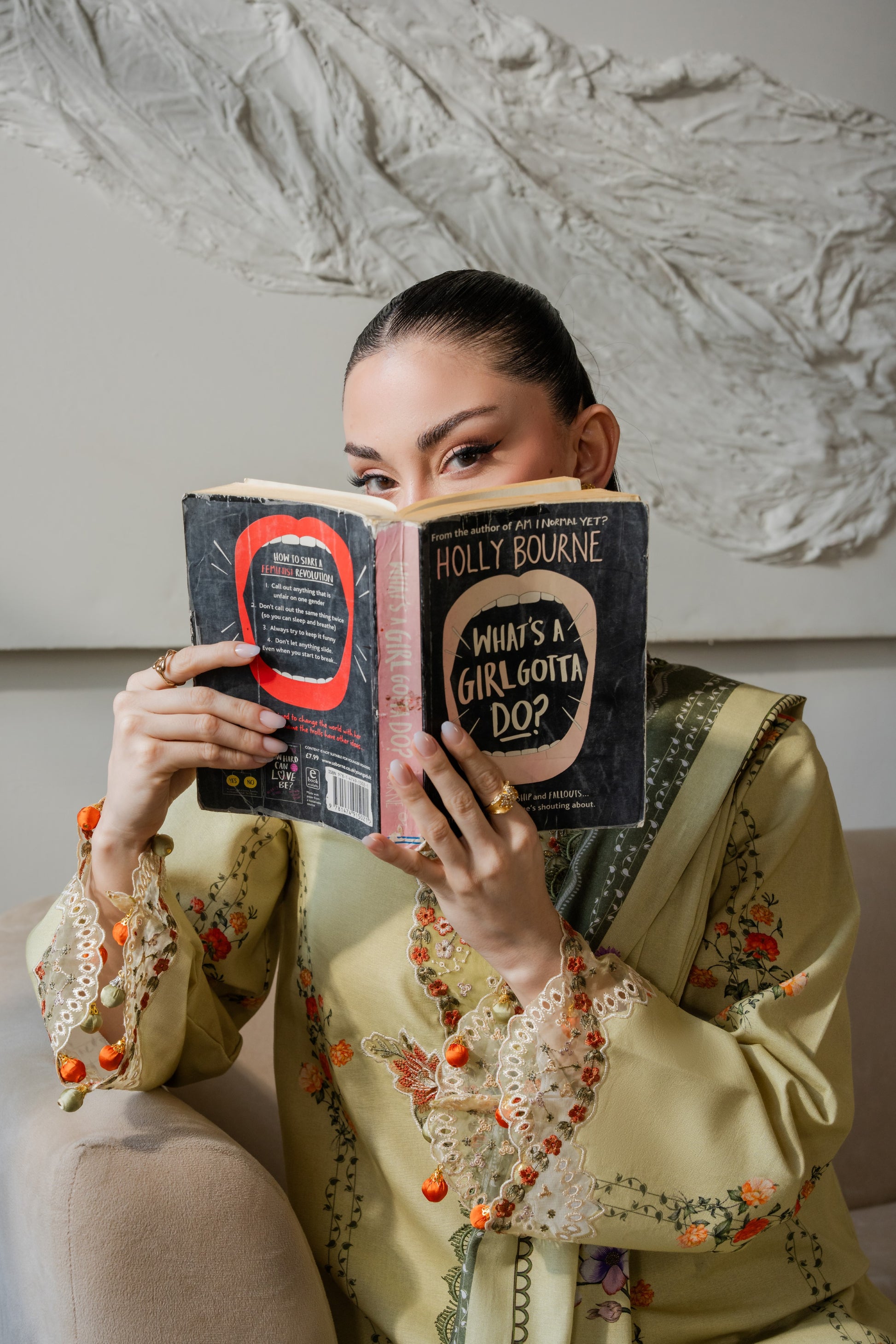 Winter dress featuring embroidered organza neckline and sleeves paired with dyed trousers.