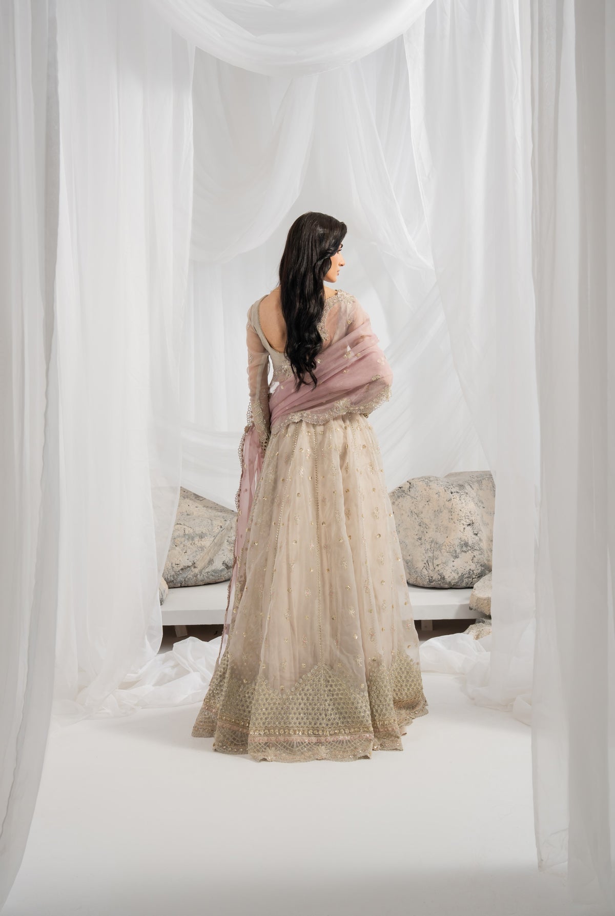 Pakistani embroidered lehnga featuring rich organza embroidery across the front, back, sleeves, and lehenga panels, detailed matching borders, an embroidered organza dupatta with pallu detailing, and a plain raw silk inner for weddings and party gatherings
