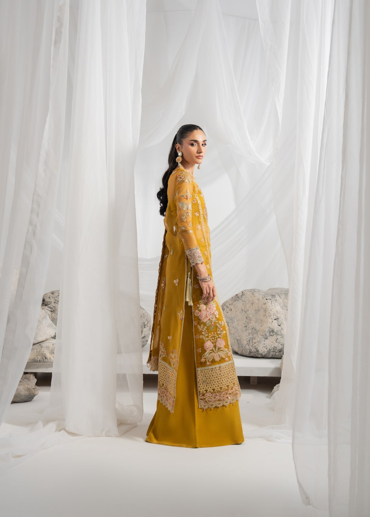 Pakistani embroidered organza dress featuring detailed embroidery on the front panels, back, and sleeves with matching borders, paired with an embroidered organza dupatta with pallu border and plain raw silk pants
