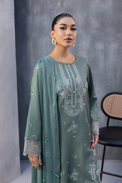 Traditional embroidered Karandi suit with chiffon dupatta and plain trouser for a graceful winter look