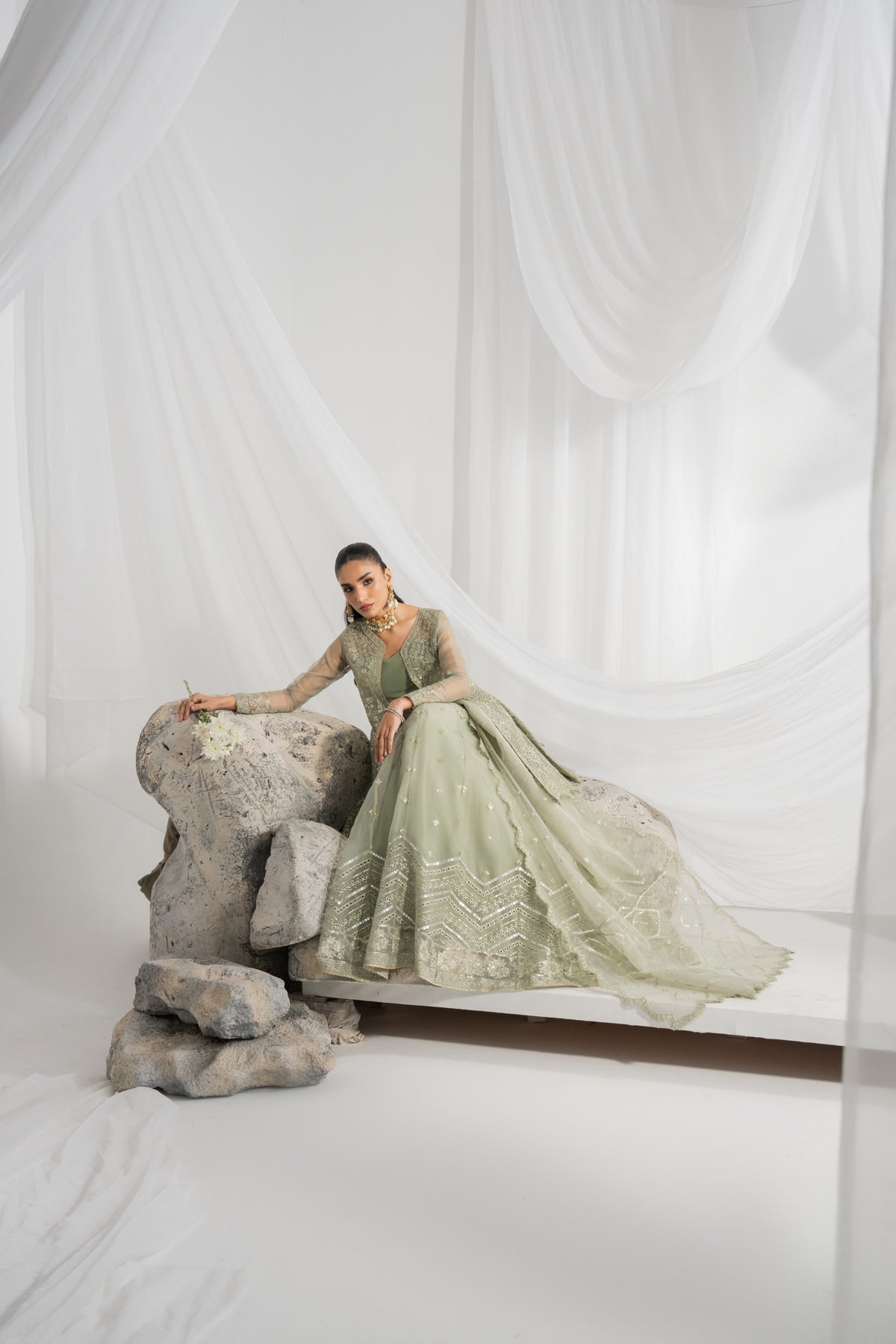Pakistani lehnga for women featuring rich organza embroidery on the front, back, sleeves, and lehenga panels, with matching borders and an embroidered organza dupatta with detailed pallu finishing