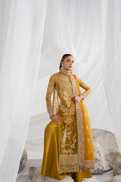 Pakistani organza wedding suit featuring embroidered front panels on both sides, a detailed back and embroidered sleeves with matching borders, complemented by an embroidered organza dupatta with pallu border and plain raw silk pants