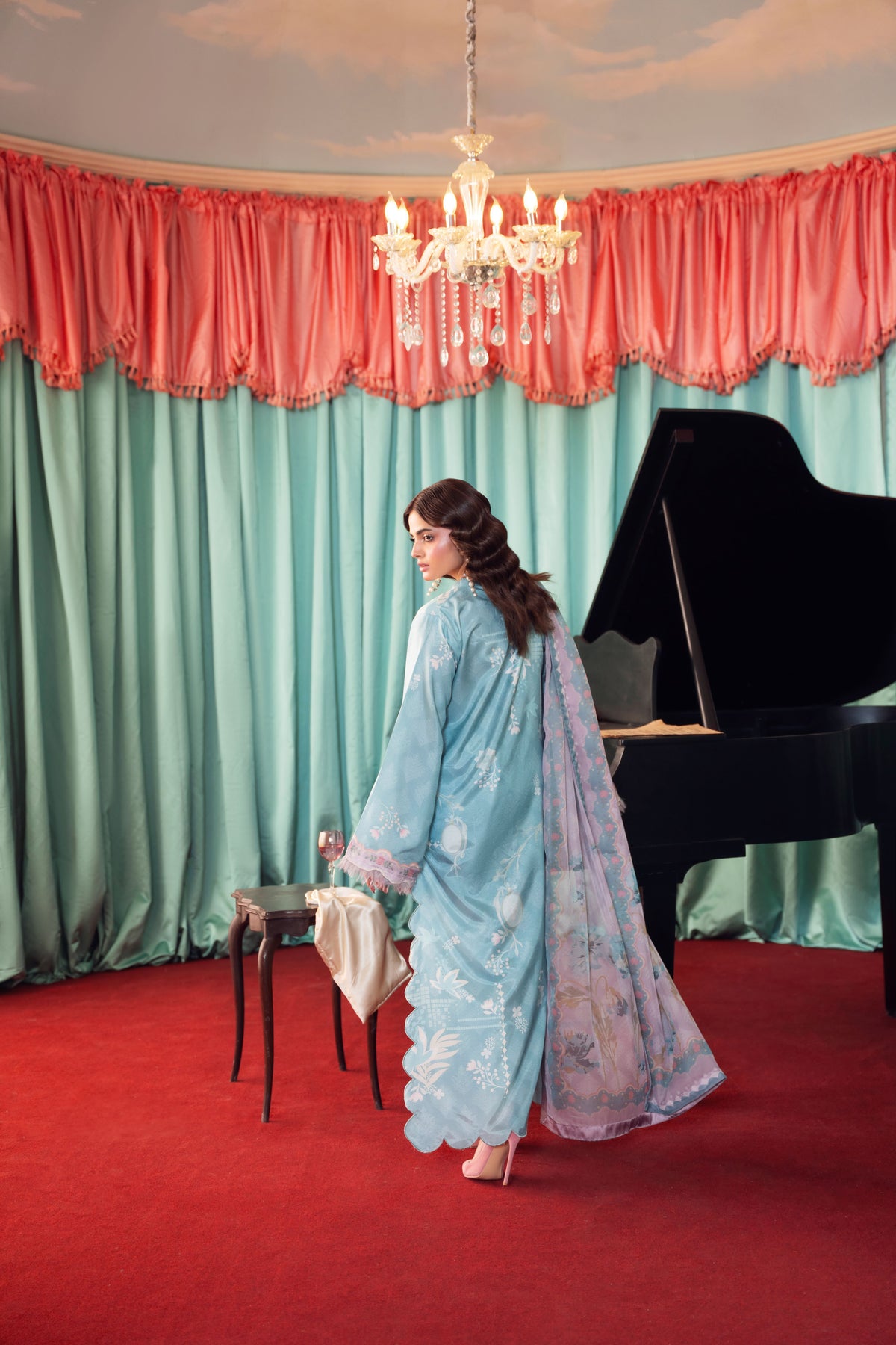 Pakistani 3PC unstitched raw silk suit featuring a luxurious silk shirt and matching trousers with a lightweight chiffon dupatta, designed for traditional Eastern styling.