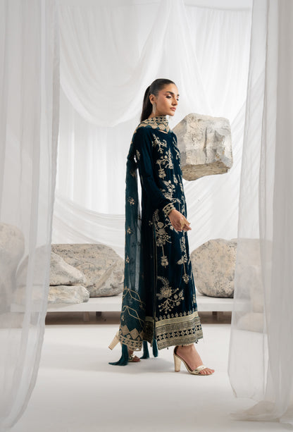 Pakistani velvet dress for girls with an embroidered shirt front and back, detailed velvet sleeves and matching borders, paired with a flowing embroidered organza dupatta and plain raw silk pants