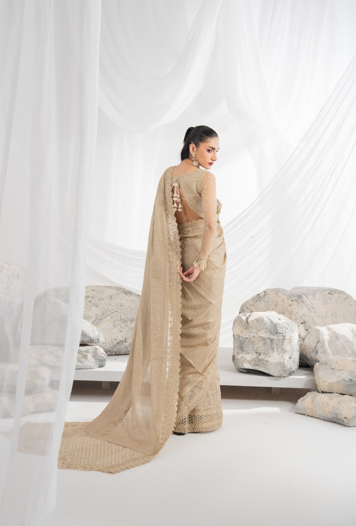 Pakistani wedding dress design featuring an embroidered net shirt with detailed front, back, and sleeve work, paired with an embroidered chiffon dupatta, sari fall and borders, organza sari pallu, and plain raw silk inner