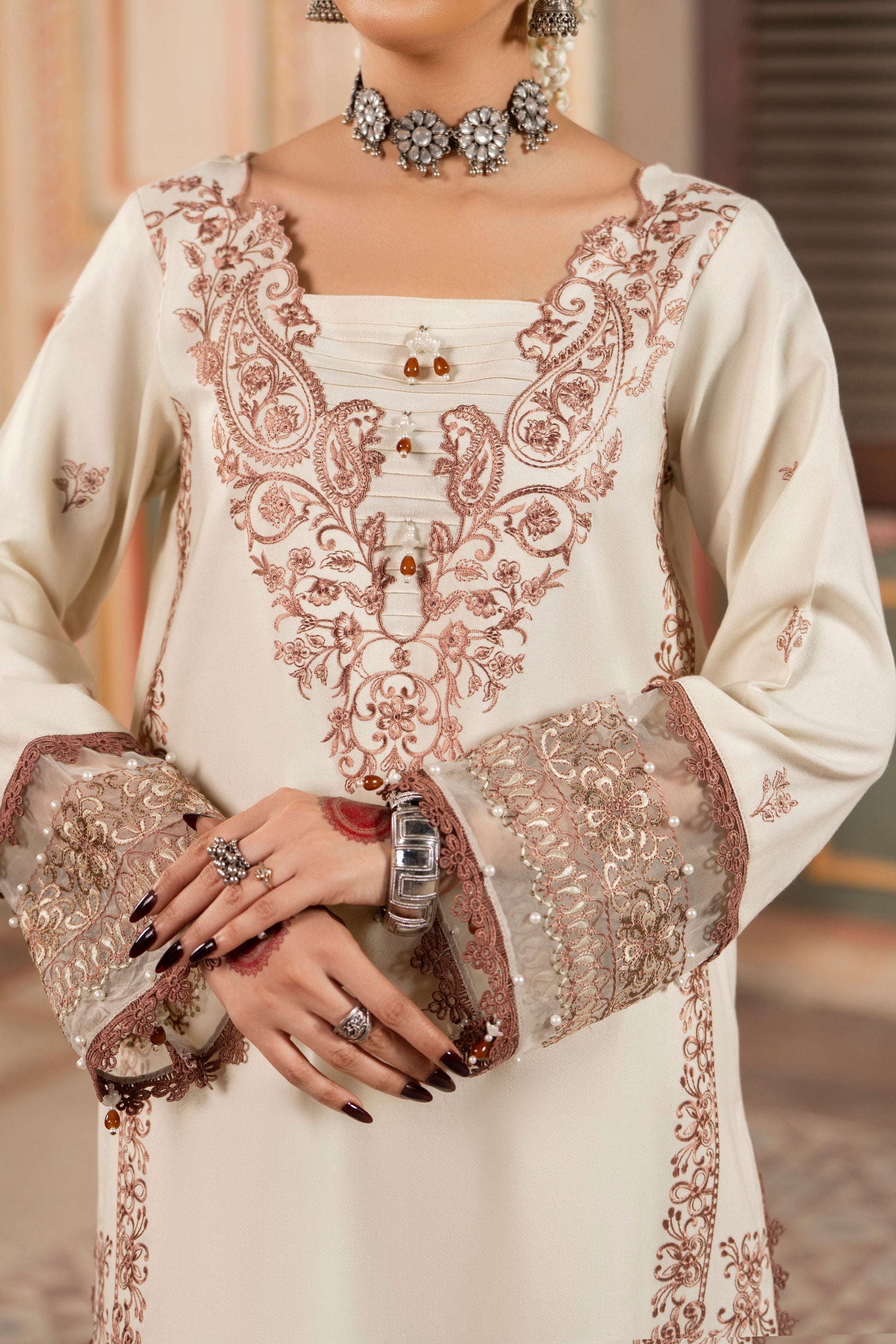 Embroidered Dhanak winter party outfit with jacquard woolen shawl and trousers.