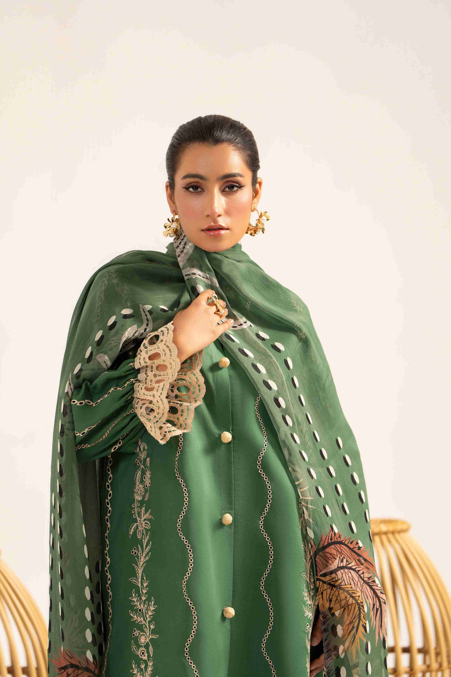 Embroidered lawn shirt styled with chiffon dupatta and soft plain cotton trouser