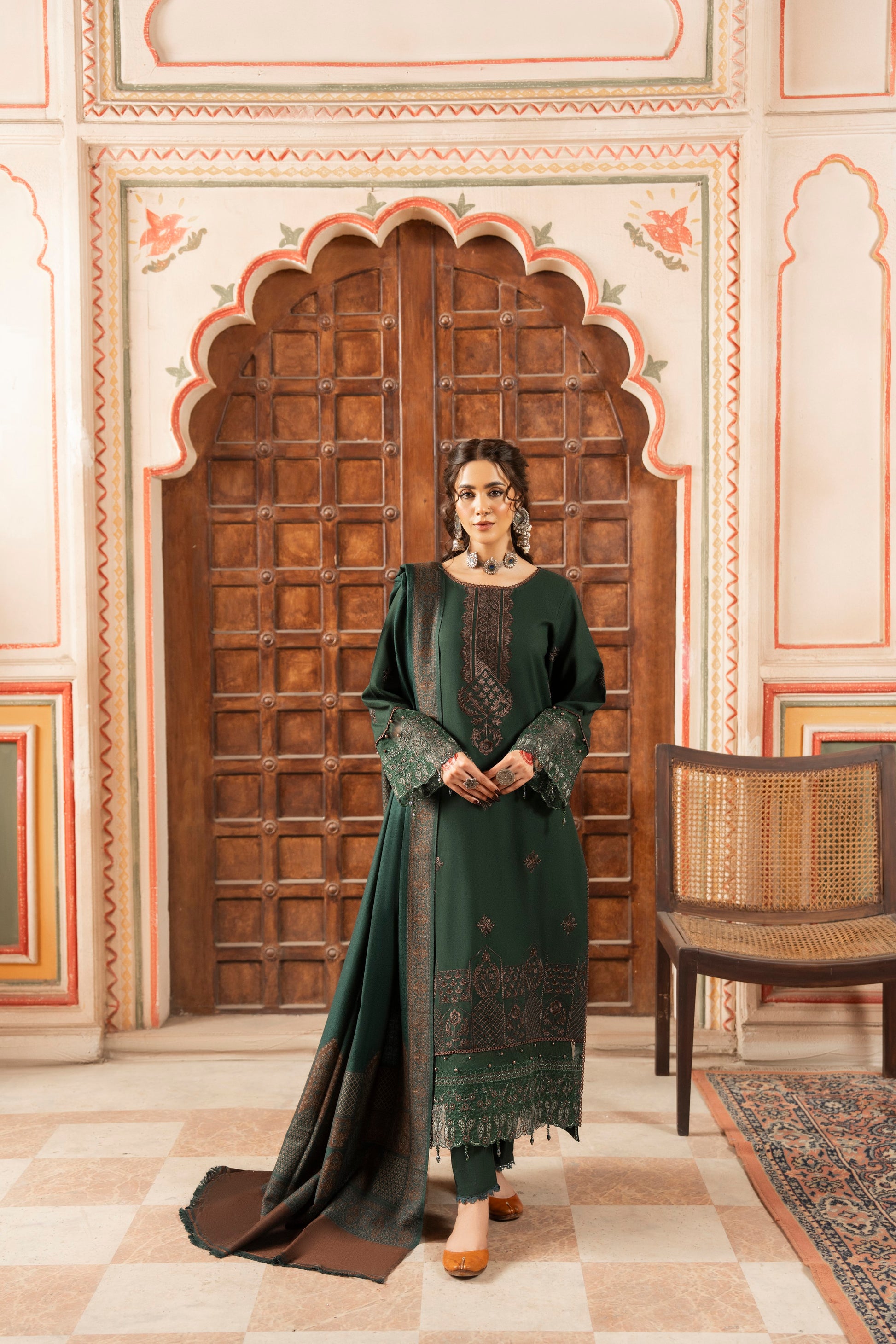 Embroidered winter 3PC Dhanak dress with luxurious jacquard shawl perfect for events.