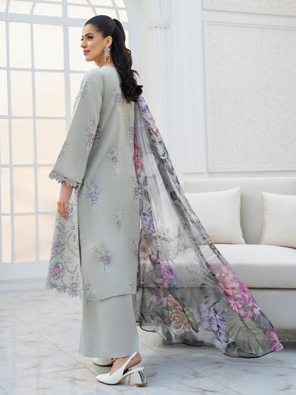 Premium embroidered shirt, chiffon printed dupatta, karandi plain trouser suit