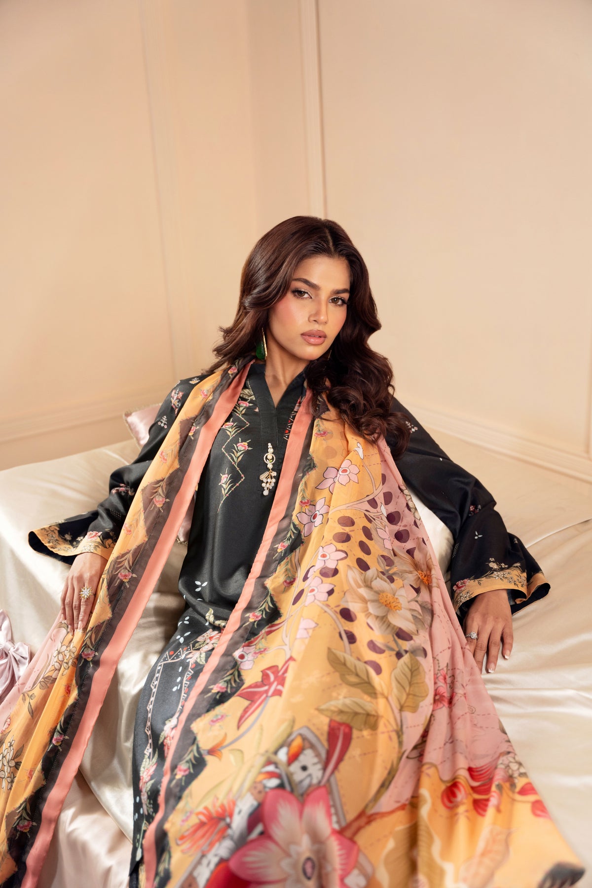 Premium silk party suit featuring a rich raw silk shirt and trousers with a delicate chiffon dupatta in an unstitched 3PC design, suitable for Pakistani weddings, parties, Eid, and formal occasions
